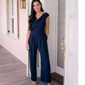 Gal Meets Glam Collection Women's Delia Summer Crepe Jumpsuit Navy Size 16